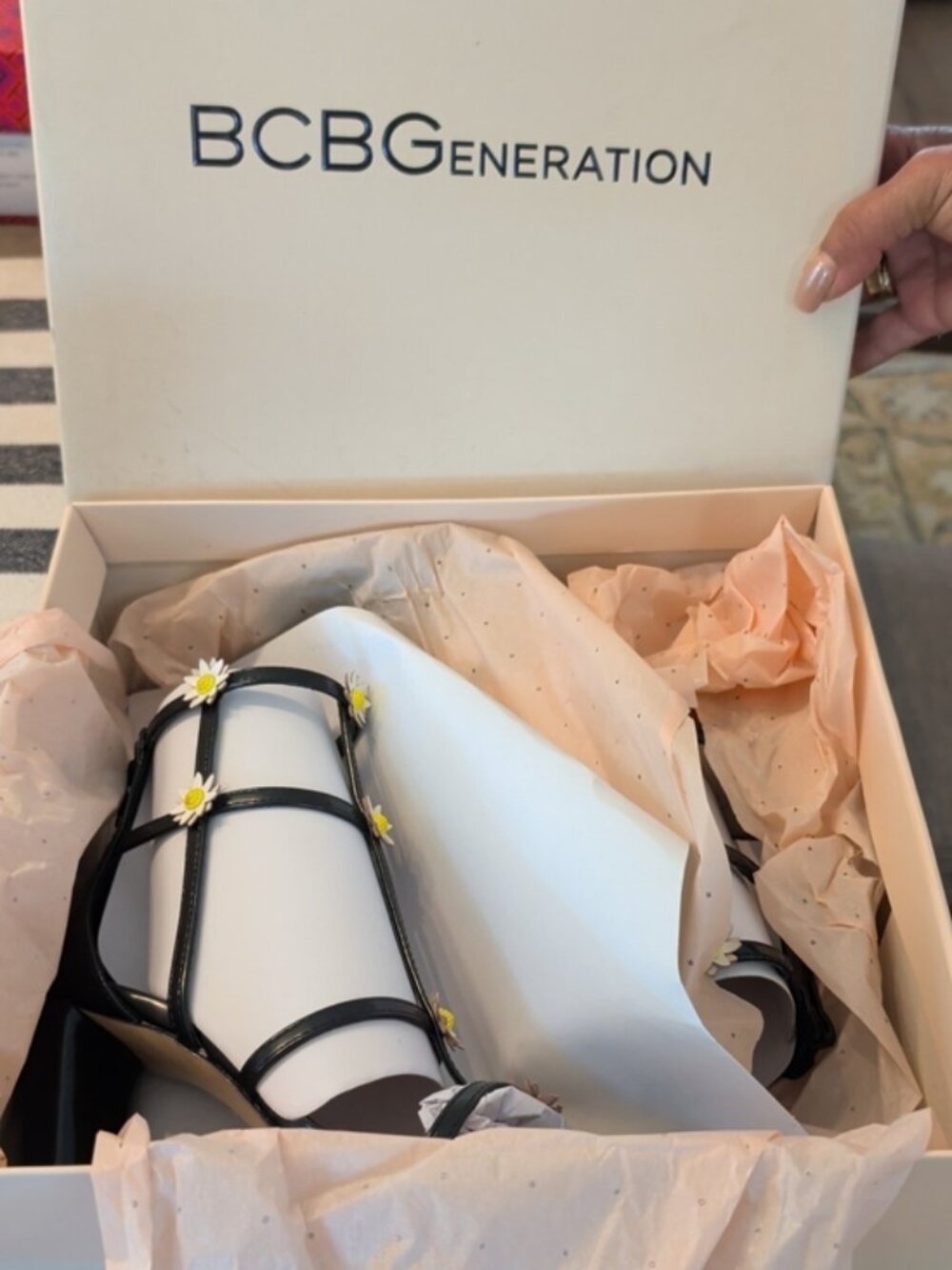BCBG Generation Black Strappy Daisy Accent High Heel Sandals